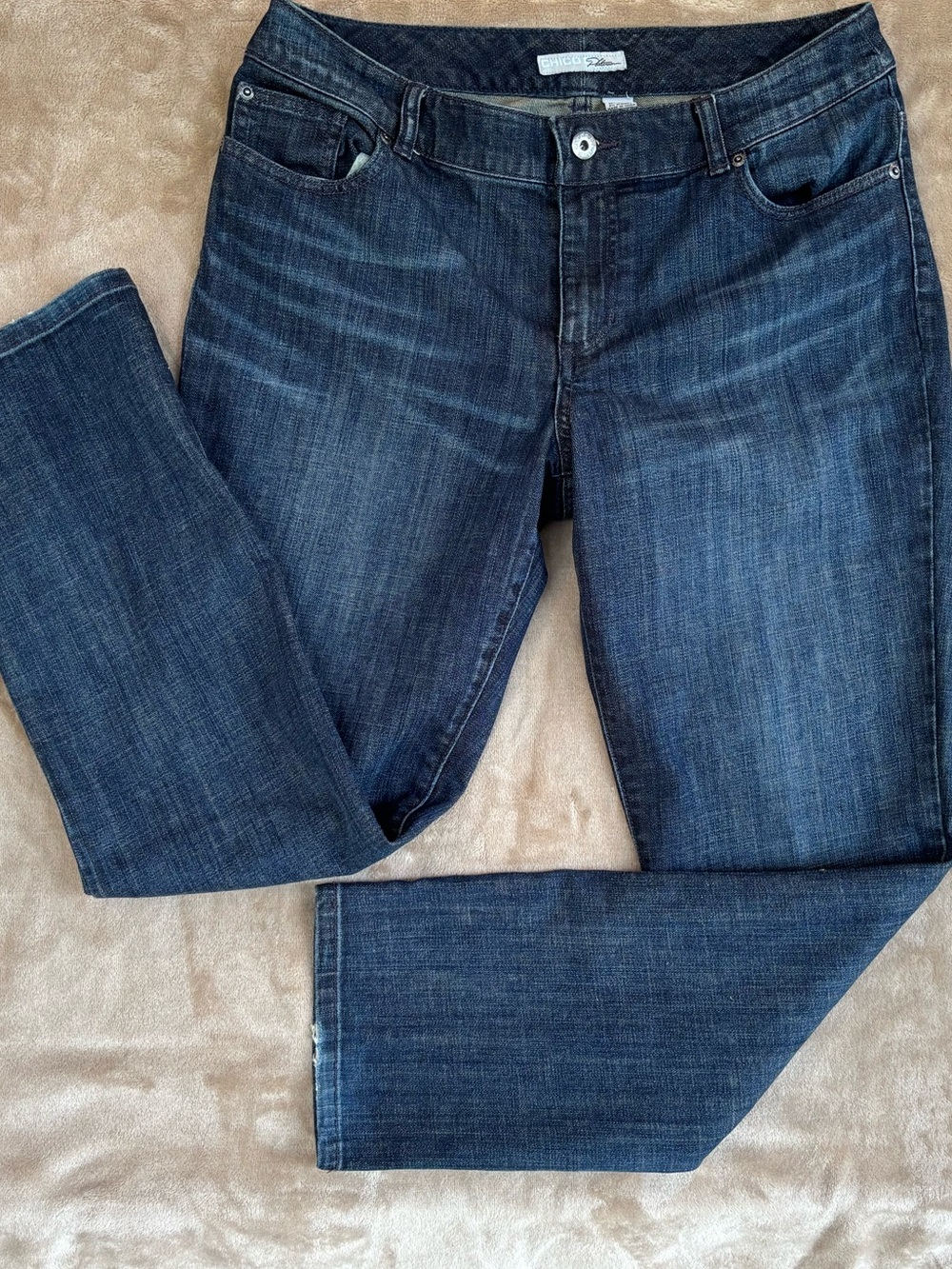 Chicos Platinum Dark Blue Straight-Leg Jeans, Chicos size 1.5 short, embellished